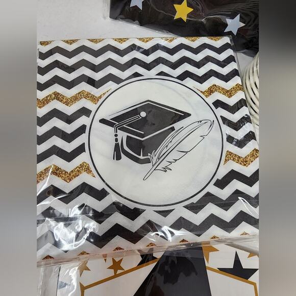Grad Party Black & Gold Graduation Party Plates Cups Napkins Tablecloth Hangers - Picture 4 of 6